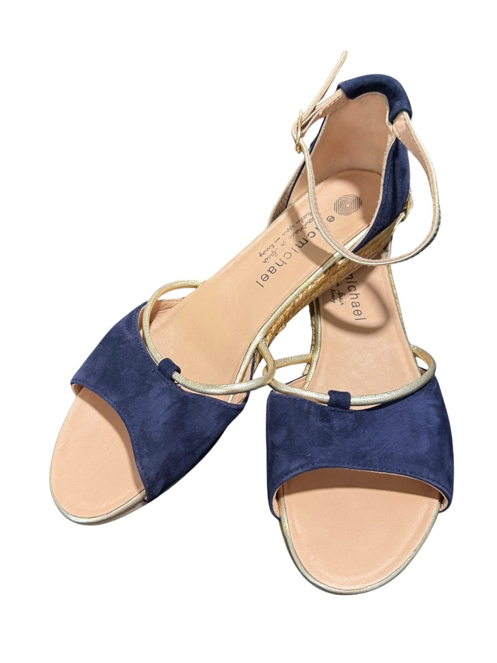 Eric Michael Navy Suede & Gold Espadrille Wedge Sandals Size 9.5 (40) Like New - Picture 10 of 11